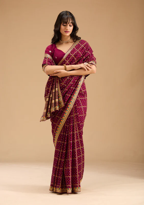 Wine Gold Zariwork Soft Raw Silk Saree